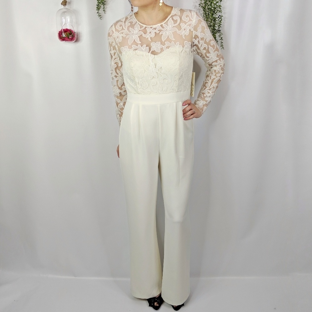 ELIZA J. embroidered top white jumpsuit crepe 0994 - Picture 3 of 7